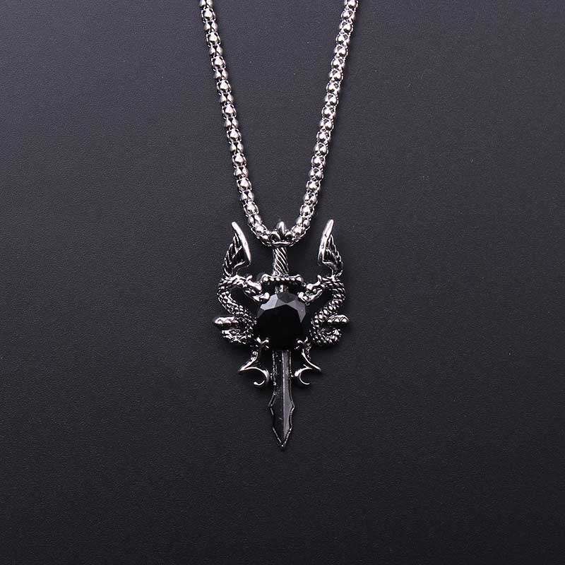 Men Accessories Necklace - Dubbele Draak Zwarte Edelsteen Kruisketting Punk